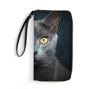 DWVTSLH Gray Cat Stares Printed Wallets Zip Around Wallets Leather Long Wallets for Men And Women Credit Card Holders with Cord, Essential for Travel, Office And Shopping