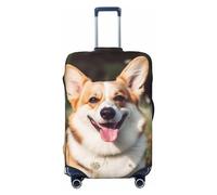 DWVTSLH Happy Corgi Dog Luggage Covers for Suitcase Tsa Approved, Spandex Elastic Suitcase Cover Protector Washable Anti-Scratch Travel Baggage Cover Fit 18-32 Inch Luggage, Black, M