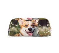 DWVTSLH Happy Corgi Dog Pencil Pouch Large Capacity Pencil Case Leather Cosmetic Bag Office Desk Organizer Coin Pouch Portable Zipper Toiletry Bag for Travel Outdoor, Silver, One size