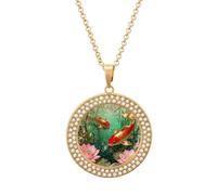DWVTSLH Koi Lotus Pool Diamond Necklace, Alloy Round Pattern Pendant Necklace for Women Men, Customizable Photo Necklace Jewelry Sparkle Clavicle Neckband for Gift, One Size, Zinc, Diamond