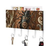 DWVTSLH Longhorn Beetle Bark Key Holder for Wall, Decorative Key Hooks with Mail Organizer & 5 Hooks, Self Adhesive Leather Key Hanger for Entryway, Wall Mounted Key Rack (7.1” X 4.3” X 0.9”)