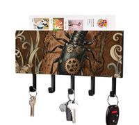 DWVTSLH Longhorn Beetle Bark Key Holder for Wall, Decorative Key Hooks with Mail Organizer & 5 Hooks, Self Adhesive Leather Key Hanger for Entryway, Wall Mounted Key Rack (7.1” X 4.3” X 0.9”)