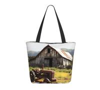 DWVTSLH Old Wooden Barn with Rusted Tractor Tote Bag for Women Large Shoulder Bag with Zipper Travel Handbag with Pockets Reusable Shopping Bag Aesthetic Beach Bags