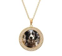 DWVTSLH Pastor Border Collie Diamond Necklace, Alloy Round Pattern Pendant Necklace for Women Men, Customizable Photo Necklace Jewelry Sparkle Clavicle Neckband Gift, One size, Zinc, Diamond