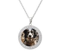 DWVTSLH Pastor Border Collie Diamond Necklace, Alloy Round Pattern Pendant Necklace for Women Men, Customizable Photo Necklace Jewelry Sparkle Clavicle Neckband Gift, One size, Zinc, Diamond