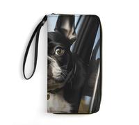 DWVTSLH Puppy Dog Boston Terrier Printed Wallets Zip Around Wallets Leather Long Wallets for Men And Women Credit Card Holders with Cord, Essential for Travel, Office And Shopping