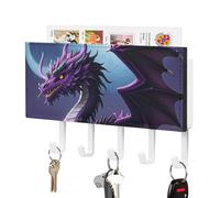 DWVTSLH Purple Dragon Purple Moon Key Holder for Wall, Decorative Key Hooks with Mail Organizer & 5 Hooks, Self Adhesive Leather Key Hanger for Entryway, Wall Mounted Key Rack (7.1” X 4.3” X 0.9”)