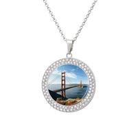 DWVTSLH San Francisco Golden Gate Bridge Diamond Necklace, Alloy Round Pattern Pendant Necklace for Women Men, Customizable Photo Necklace Jewelry Sparkle Clavicle Neckband Gift, One Size, Zinc