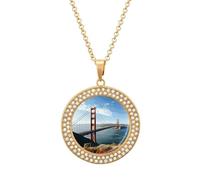 DWVTSLH San Francisco Golden Gate Bridge Diamond Necklace, Alloy Round Pattern Pendant Necklace for Women Men, Customizable Photo Necklace Jewelry Sparkle Clavicle Neckband Gift, One Size, Zinc