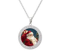 DWVTSLH Santa Claus Climbed Into The Chimney Diamond Necklace, Alloy Round Pattern Pendant Necklace for Women Men, Customizable Photo Necklace Jewelry Sparkle Clavicle Neckband Gift, One Size, Zinc