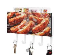 DWVTSLH Sausage on Fire Key Holder for Wall, Decorative Key Hooks with Mail Organizer & 5 Hooks, Self Adhesive Leather Key Hanger for Entryway, Wall Mounted Key Rack (7.1” X 4.3” X 0.9”)