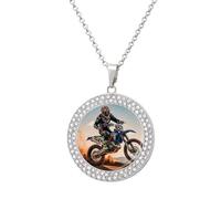 DWVTSLH Sport Motorcycle Motocross Racing Theme Diamond Necklace, Alloy Round Pattern Pendant Necklace for Women Men, Customizable Photo Necklace Jewelry Sparkle Clavicle Neckband Gift, One Size, Zinc