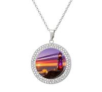 DWVTSLH Stained Glass Lighthouse Diamond Necklace, Alloy Round Pattern Pendant Necklace for Women Men, Customizable Photo Necklace Jewelry Sparkle Clavicle Neckband for Gift, One Size, Zinc, Diamond