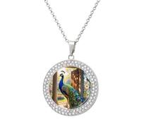 DWVTSLH Stained Glass Peacock Diamond Necklace, Alloy Round Pattern Pendant Necklace for Women Men, Customizable Photo Necklace Jewelry Sparkle Clavicle Neckband Gift, One Size, Zinc, Diamond