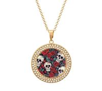 DWVTSLH Sugar Skulls And Red Roses Diamond Necklace, Alloy Round Pattern Pendant Necklace for Women Men, Customizable Photo Necklace Jewelry Sparkle Clavicle Neckband Gift, One size, Zinc, Diamond