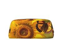 DWVTSLH Sunflower Butterfly Sunny Pencil Pouch Large Capacity Pencil Case Leather Cosmetic Bag Office Desk Organizer Coin Pouch Portable Zipper Toiletry Bag for Travel Outdoor, Silver, One Size