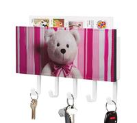 DWVTSLH Teddy Bear Peach Rose Key Holder for Wall, Decorative Key Hooks with Mail Organizer & 5 Hooks, Self Adhesive Leather Key Hanger for Entryway, Wall Mounted Key Rack (7.1” X 4.3” X 0.9”)