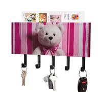 DWVTSLH Teddy Bear Peach Rose Key Holder for Wall, Decorative Key Hooks with Mail Organizer & 5 Hooks, Self Adhesive Leather Key Hanger for Entryway, Wall Mounted Key Rack (7.1” X 4.3” X 0.9”)