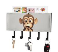 DWVTSLH The Silent Monkey Key Holder for Wall, Decorative Key Hooks with Mail Organizer & 5 Hooks, Self Adhesive Leather Key Hanger for Entryway, Wall Mounted Key Rack (7.1” X 4.3” X 0.9”)