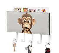 DWVTSLH The Silent Monkey Key Holder for Wall, Decorative Key Hooks with Mail Organizer & 5 Hooks, Self Adhesive Leather Key Hanger for Entryway, Wall Mounted Key Rack (7.1” X 4.3” X 0.9”)