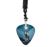 DWVTSLH The White Wolf on The Rock Guitar Pick Necklace for Men Women Personalized Guitar Pick Pendant Necklace Stainless Steel Party Fashion Jewelry Gifts for Guitar Lovers Musical Necklaces