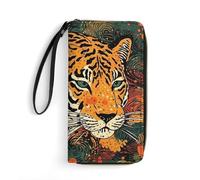 DWVTSLH Tiger Botanical Print Printed Wallets Zip Around Wallets Leather Long Wallets for Men And Women Credit Card Holders with Cord, Essential for Travel, Office And Shopping