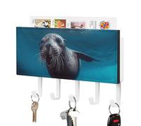 DWVTSLH Underwater Sea Lion Key Holder for Wall, Decorative Key Hooks with Mail Organizer & 5 Hooks, Self Adhesive Leather Key Hanger for Entryway, Wall Mounted Key Rack (7.1” X 4.3” X 0.9”)