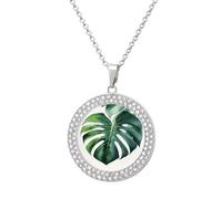 DWVTSLH Watercolor Monstera Leaf Diamond Necklace, Alloy Round Pattern Pendant Necklace for Women Men, Customizable Photo Necklace Jewelry Sparkle Clavicle Neckband Gift, One size, Zinc, Diamond