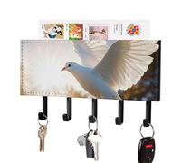 DWVTSLH White Dove Flying in The Sun Key Holder for Wall, Decorative Key Hooks with Mail Organizer & 5 Hooks, Self Adhesive Leather Key Hanger for Entryway, Wall Mounted Key Rack (7.1” X 4.3” X 0.9”)