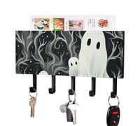 DWVTSLH White Patterned Ghost Key Holder for Wall, Decorative Key Hooks with Mail Organizer & 5 Hooks, Self Adhesive Leather Key Hanger for Entryway, Wall Mounted Key Rack (7.1” X 4.3” X 0.9”)