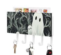DWVTSLH White Patterned Ghost Key Holder for Wall, Decorative Key Hooks with Mail Organizer & 5 Hooks, Self Adhesive Leather Key Hanger for Entryway, Wall Mounted Key Rack (7.1” X 4.3” X 0.9”)