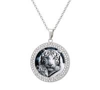 DWVTSLH White Tiger Diamond Necklace, Alloy Round Pattern Pendant Necklace for Women Men, Customizable Photo Necklace Jewelry Sparkle Clavicle Neckband Gift, One size, Zinc, Diamond