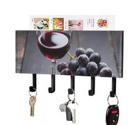 DWVTSLH Wine Cup with Grapes Key Holder for Wall, Decorative Key Hooks with Mail Organizer & 5 Hooks, Self Adhesive Leather Key Hanger for Entryway, Wall Mounted Key Rack (7.1” X 4.3” X 0.9”)
