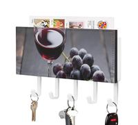 DWVTSLH Wine Cup with Grapes Key Holder for Wall, Decorative Key Hooks with Mail Organizer & 5 Hooks, Self Adhesive Leather Key Hanger for Entryway, Wall Mounted Key Rack (7.1” X 4.3” X 0.9”)