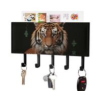 DWVTSLH with Tiger and Paws Key Holder for Wall, Decorative Key Hooks with Mail Organizer & 5 Hooks, Self Adhesive Leather Key Hanger for Entryway, Wall Mounted Key Rack (7.1” X 4.3” X 0.9”)