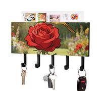 DWVTSLH Yellow Bird on Roses Key Holder for Wall, Decorative Key Hooks with Mail Organizer & 5 Hooks, Self Adhesive Leather Key Hanger for Entryway, Wall Mounted Key Rack (7.1” X 4.3” X 0.9”)