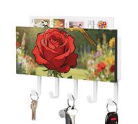 DWVTSLH Yellow Bird on Roses Key Holder for Wall, Decorative Key Hooks with Mail Organizer & 5 Hooks, Self Adhesive Leather Key Hanger for Entryway, Wall Mounted Key Rack (7.1” X 4.3” X 0.9”)