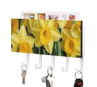 DWVTSLH Yellow Daffodils Flowers Key Holder for Wall, Decorative Key Hooks with Mail Organizer & 5 Hooks, Self Adhesive Leather Key Hanger for Entryway, Wall Mounted Key Rack (7.1” X 4.3” X 0.9”)