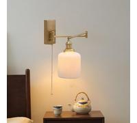 DX26TS Adjustable Gold Swing Arm Wall Lamp, Rotatable Brass with Milk White Ribbed Ceramic Shade, Perfect for Bedroom, Living Room, or Study - Pull Cord Included