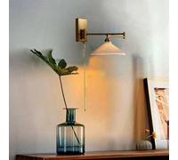 DX26TS Gold Swing Wall Lamp Adjustable Long Arm, Rotatable Brass, Milk White Ribbed Ceramic Shade, Perfect for Bedroom, Living Room, Study - Pull Cord Switch, Stylish Lighting Fixture