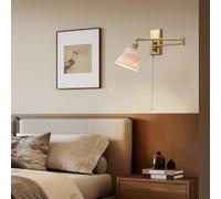 DX26TS Gold Swing Wall Lamp Adjustable Long Arm, Rotatable Brass with Milk White Ribbed Ceramic Shade, Perfect for Bedroom, Living Room, Study - Pull Cord Switch
