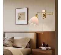 DX26TS Gold Swing Wall Lamp Adjustable Long Arm, Rotatable Brass with Milk White Ribbed Ceramic Shade, Perfect for Bedroom, Living Room, Study - Pull Cord Switch