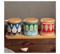 Dxcaicc 3 Pack Ceramic Food Storage Jars with Wood Lids and Spoon,Kitchen Ceramic Container for Countertop with Tray,Multifunctional Spice Storage Holder,A