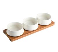 Dxcaicc 3 Packs Ceramic Chips and Dip Serving Platter with Wooden Tray, Mini Dipping Serving Saucers Bowls,Dipping Dishes for Condiments,Side Dishes,Dessert, Salsa,White