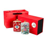 Dxcaicc Ceramic Tea Jar with Lid 2PCS Empty Cans 580ml One of Each of the 2 Different Crackle Patterns Gift Red Box Package Sugar Airtight Canister,Birds Flowers Red