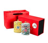 Dxcaicc Ceramic Tea Jar with Lid 2PCS Empty Cans 580ml One of Each of the 2 Different Crackle Patterns Gift Red Box Package Sugar Airtight Canister,Birds Flowers Yellow