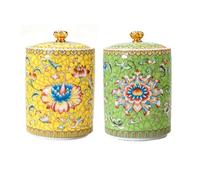 Dxcaicc Ceramic Tea Jar with Lid 2PCS Olive Green 580ml Multi Purpose Storage Function 1 of Each of The 2 Different Intricate Patterns Sugar Airtight Canister,Prosperity Yellow