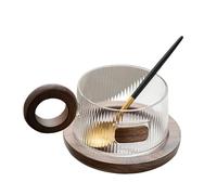 Dxcaicc Glass Coffee Mug with Wooden Saucer Set, Wooden Handle and Black Walnut Saucer, Clear Tea Mug with Spoon,A