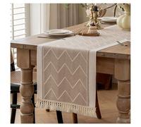Dxcaicc Jacquard Nordic Table Runner, Waterproof Linen Blend, Stylish Tassel Trim for Dining Table, Console & Coffee Table,Iceland Brown,35x120cm