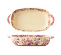 Dxcaicc Lasagne Dish Ceramics Beautiful Pattern of Flowers 10-Inch Double-Handled Baking Tray Rectangular Cheese Household Microwave Oven Special Baked Rice Tray